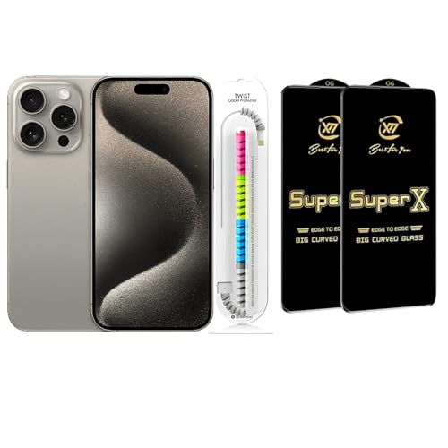 Image of Edge To Edge Tempered Glass Screen Protector Compatible With iPhone 15 Pro, 9H Hardness, Anti-Fingerprint, FHD Clear With Cable Protector Pack 2