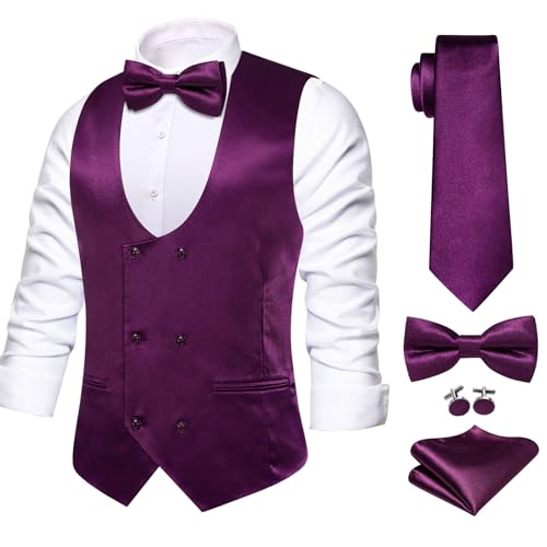 Silk Men's Suit Vest Slim Fit U-Neck Double Breasted Dress Vest Casual Business Formal Waistcoat3