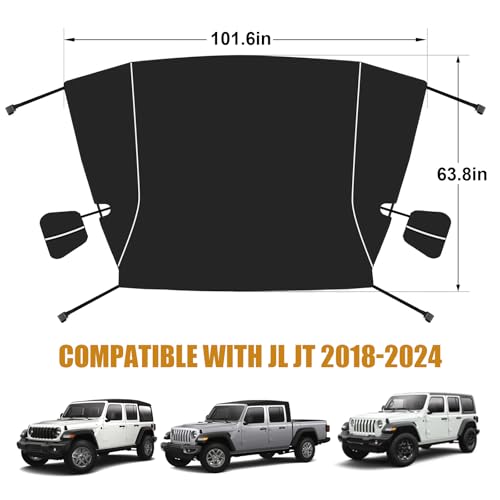 Image of Windshield & Front Side Window Snow Cover Compatible wirh Jeep Wrangle JL JT 18-24, 600D Oxford Cloth Windshield Cover with Mirror Cover for Sun, Rain, Snow, Sand, Dust, Leaves, Branches Protection