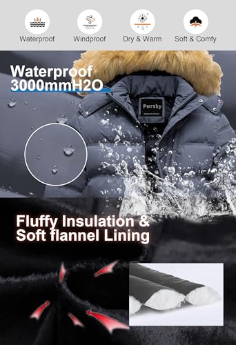 Image of Pursky Men's Puffer Jacket Waterproof Winter Bubble Coats Ski Parka Fur Hooded