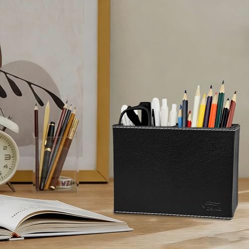 Image of Black Pen Holder, Double Slots Leather Pencil Holder, Elegant Pen Holder for Desk, Stationery Organizer for School Office Home Dorm