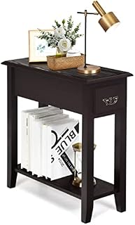 Multigot Narrow Bedside Table, Slim Nightstand Side Table with Drawer and Open Shelves, 2-Tier/3-Tier Snack End Table (2-Tier: 60 x 25 x 60cm, Coffee)