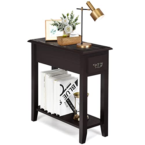 Multigot Narrow Bedside Table, Slim Nightstand Side Table with Drawer and Open Shelf, Coffee Snack Desk End Table (Coffee)
