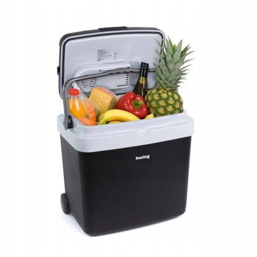 Huslog Frigo Elettrico Portatile 33L con Ruote e Manico Estraibile, 12V/220-240V, Funzione Frigo e Riscaldamento, Modalità ECO, Mini Frigorifero Compatto per Auto, Campeggio e Viaggi, Nero