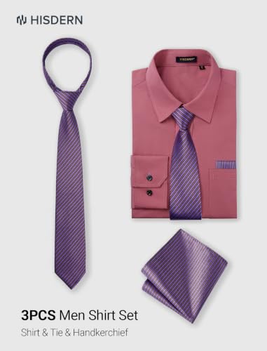 Image of HISDERN Mens Dress Shirt with Tie Pocket Square Set Classic Button Down Shirt Matching Tie Long Sleeve Shirts