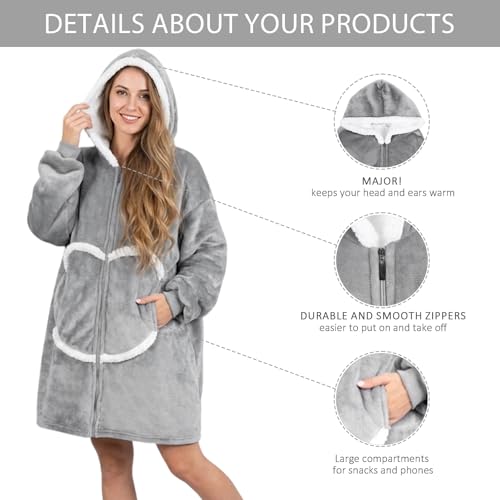 Image of Oversized Wearab Blanket Hoodie, Cozy Flannel Blanket with Sleeves and Zipper for Women, Mens, Teens