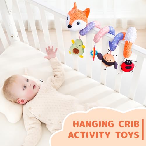 Image of Koty Car Seat Toys, Infant Baby Spiral Plush Activity Hanging Toy for Stroller Bar Pram Crib with Music Box BB Squeaker & Rattles(Orange Fox)