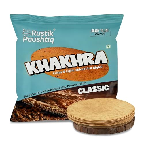 Image of RUSTIK PAUSHTIK Baked Khakhra Combo Pack - 200g x 4 Packets | 2 Coriander Chilli & 2 Classic Flavour | Gujarati Snack | High Fiber Diet | No Palm Oil | Ready to Eat Tea Time Snack | 800g