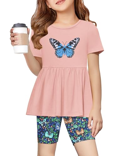 Arshiner Girls Kids Summer Outfits Short Sleeve Ruffle Top & Biker Shorts Cute Fashion Clothing Pink Butterfly 13-14 Years