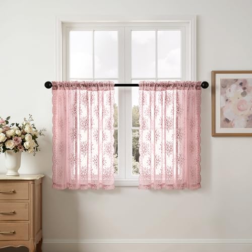 Image of MIULEE Vintage Floral Scalloped Lace Curtains, Light Pink 52 inch W x 36 inch L