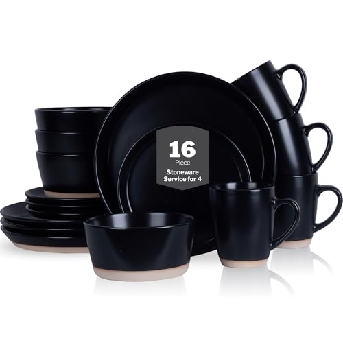Image of Stone Lain Jules Stoneware 16-Piece Dinnerware Set, Plates and Bowls, Service for 4, Black, Microwave & Dishwasher Safe