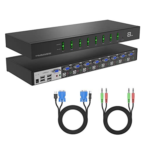8 Port KVM Switch VGA,MT-VIKI 1U Rack Mount KVM w/Audio, Support Daisy Chain/Hotkey/OSD, Included 8 KVM Cables & 8 Audio Cables