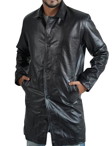 Image of Apurbo 100% Lambskin /cowskin Black leather coat men Trench Car Coat Mens With a Polyester Lining and Jecket Filling Warmth
