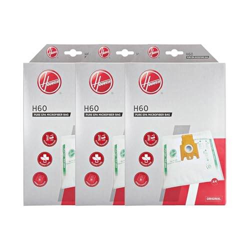 Hoover H60 3 Paquets de 4 Sacs d’origine en Microfibre Pur EPA, système anti-odeurs aux charbons actifs, compatibles avec les aspirateurs traîneaux Hoover