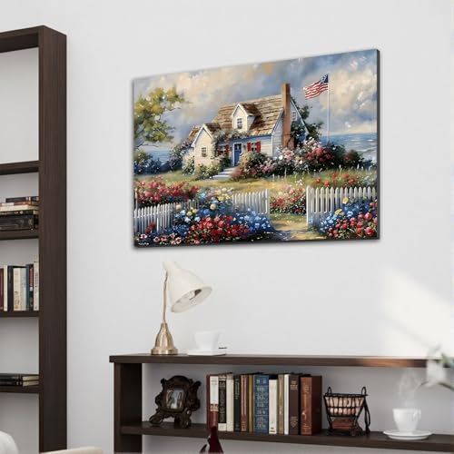 Image of Framed American Flag Coastal Cottage Wall Art, Patriotic Seaside House Canvas Art Pictures, USA Flag Floral Garden Wall Decor, Made in USA Ready to Hang for Living Room Entryway