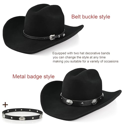 Foeran 100% Wool Western Cowboy Hat For Men Women Classic Fedora Hat Felt Cowgirls Hats With Two Decorative Bands thumb #2