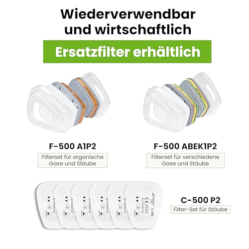 AirGearPro M-500 Atemschutzmaske mit A1P2 Filter, Gasmaske Staubfilter für Lackieren, Arbeiten, Schleifen, Feinstaub