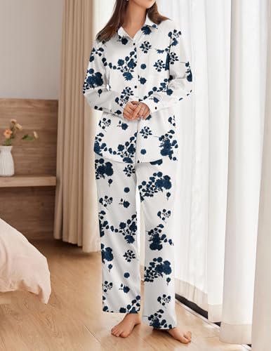 Ekouaer Womens Satin Silky Pajama Set 2 Piece Print PJs Soft Loungewear Button Down Sleepwear with Elastic Waist Long Pants