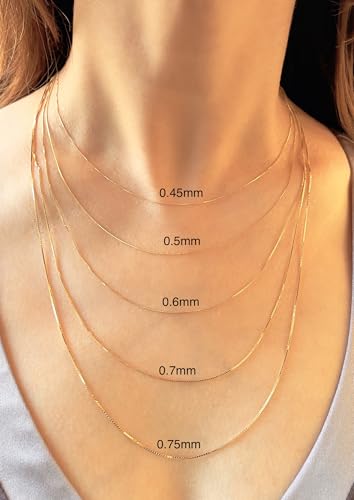 JEWELHEART 14K Solid Gold Box Chain - Dainty 0.45mm 0.5mm 0.6mm 0.7mm 0.75mm Thin Gold Chain Necklace For Women - Mirror Square Link Yellow and White Real Gold Chain For Men 16" 18" 20" 22" 24"2