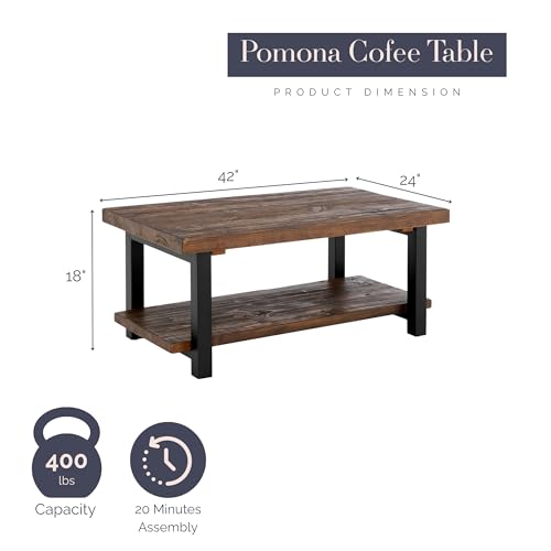 Image of Alaterre Furniture Pomona Rustic Coffee Table with Storage Shelf - 42-Inch Industrial Modern Metal and Solid Wood Living Room Table - Easy Assembly Farmhouse Living Room Furniture (Rustic Natural) | Rectangular Center Table with Storage Shelf and Metal Legs, Rustic Industrial Farmhouse Living Room Furniture