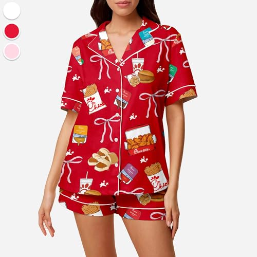 Chick-Fil Chicken Nuggets Satin Pajama Set – Coquette Style Sleepwear for Her,Cute Loungewear Gift for2