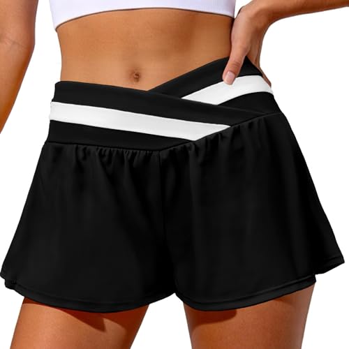 2 in 1 Flowy Shorts for Women High Waisted Crossover Athletic Butterfly Shorts with Pockets for Tennis Yoga Dance Run Black