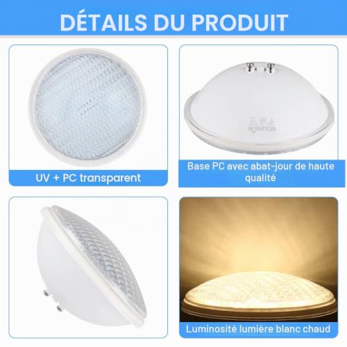 KOLLNIUN Éclairage de piscine LED, PAR56 - Éclairage submersible - IP68 - Étanche - Éclairage sous-marin blanc chaud 40 W, Projecteur de piscine 12 V AC/DC pour paysage, jardin, fontaine – vue 5