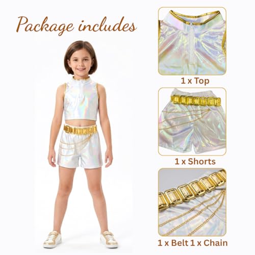 Image of Wanna Party Korean Pop Inspired Demon Hunterz Rumi Iridescent Costume Set for Girls (Size L, Age 6-8 Years) | Holographic Top, Shorts, Belt & Chain Party Outfit
