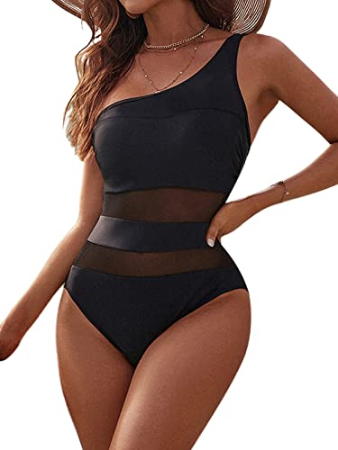 Blooming Jelly Women's One Shoulder Swimsuits One Piece Full Coverage Swimsuit Sexy Mesh Swimwear (Black,X-Large)