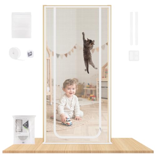 NUTKIT Siatka dla kotów, na balkon, bez wiercenia, z zamkiem błyskawicznym i magnesem, moskitiera na drzwi balkonowe, tarasowe (pasujące wymiary drzwi: 100 x 210 cm, biała)