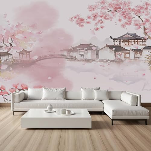YGcegcia Papier Peint Fleurs de Cerisier Japonais, Papier Peint Panoramique Aquarelle Paysage Naturel, Tapisserie Intissé Écologique, Décoration Murale, Pour Salon Chambre Bureau, 350x256cm