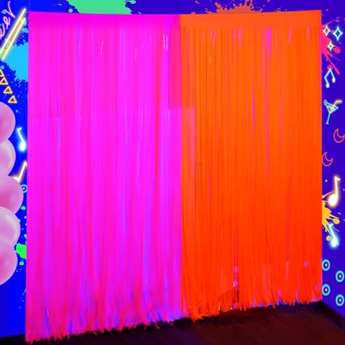 2 Pack Neon Glow Tinsel Foil Fringe Curtains, 3.3x6.6ft, Orange & Pink