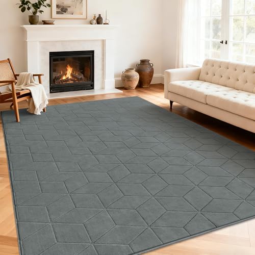 SHACOS 8x10 ft Soft Fluffy Modern Geometric Area Rugs, Non Slip Washable High Low Pile Rug Carpets for Living Room Bedroom Dining Room Kids Rooms, Grey