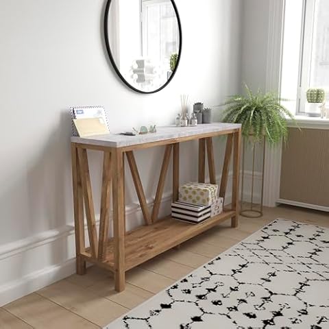 BizChair Farmhouse 2-Tier Console Table - Warm Oak Finish Engineered Wood Frame - Concrete Finish Tabletop - for Entryway or Living Room Cover