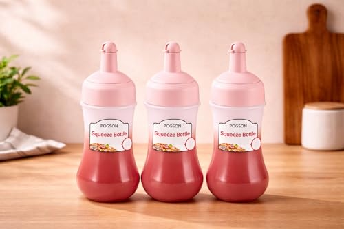 Image of Pink Premium Squeeze Bottles - BPA-Free Condiment Dispensers with Leak-Proof Green Caps for Ketchup, Oil, Vinegar & More - Pack of 3, Transparent Design for Kitchen & Restaurant Use