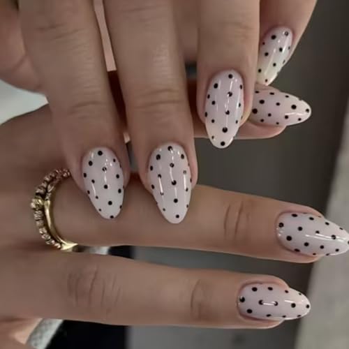 Image of Polka Dots Nails Press ons White Fake Nails Medium Almond False Nail Glossy Full Cover Glue on Nail Reusable Artificial Acrylic Stick on Nail for Women Manicure 24Pcs
