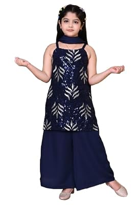 SPAMITUDE - Girls' Ethnic Kurta Pajama Dupatta Set | Sequin Embroidery Work Fashion Sleeves | Festive Outfit (in, Age, 1