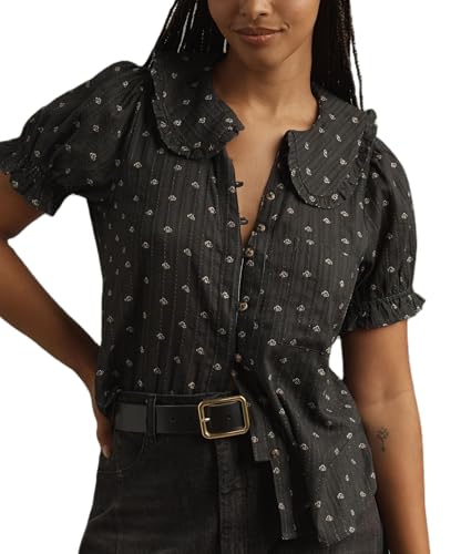 Women Y2k Puff Sleeve Peter Pan Collar Shirt Tops Button Down Boho Floral Print Ruffle Blouse Summer Babydoll Top