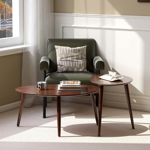 Wayshome 100% Solid Oak Wood Nesting Coffee Table,Mid Century Modern Oval Coffee...