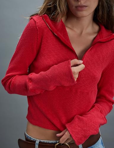 Sweaters for Women Long Sleeve V Neck Ribbed Knit Tops Half Zip Pullover Sweater Casual Slim Fit3