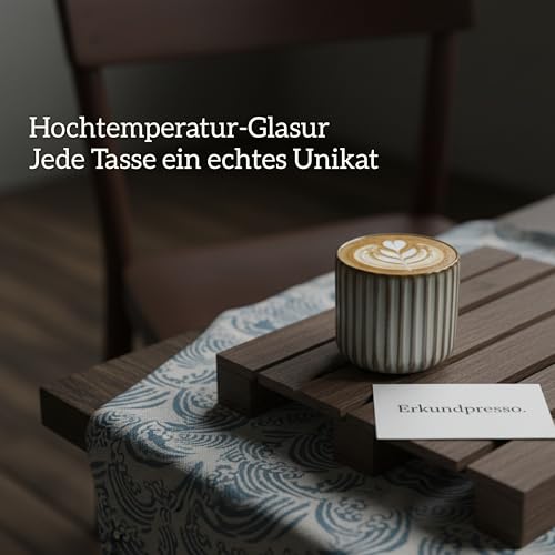 Erkundpresso.Kaffeebecher 2er Set 180ml Ohne Henkel Premium Barista Kaffeetasse aus Hochwertigem Steingut Dickwandiger Kaffeebecher - Entworfen für Latte Art - 100% Handfertigung (Fischbauch weiß) – Bild 4