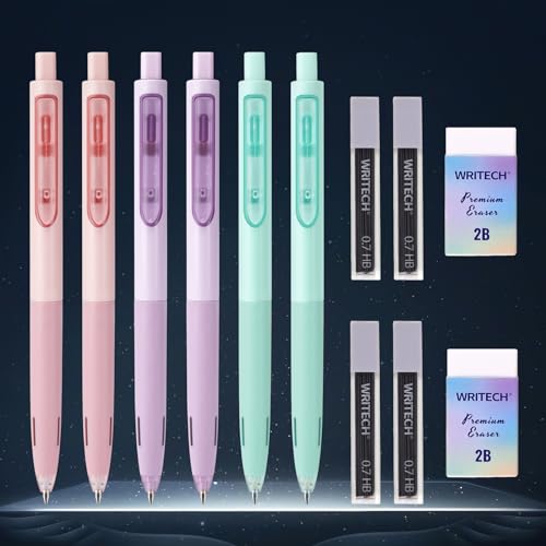 WRITECH Up Mechanical Pencil Set: 6ct Pastel Mechanical Pencils 0.7mm with 4 Tubes of HB Lead Refills and 2 Extra Erasers for Writing Drawing Sketching Drafting