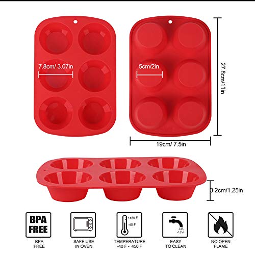 Gifbera Silicone Non-Stick Muffin Pan 6-Cavity Mold (Pack Of 2) Standard Size Bakeware Cupcake Pan, Bpa Free, Dishwasher Safe, Red #TOP1