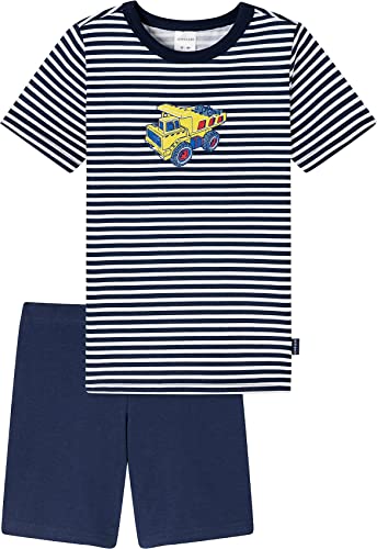 Schlafanzug kurz Organic Cotton Ringel Baufahrzeug dunkelblau - Original Classics für Jungen 9298104116128140