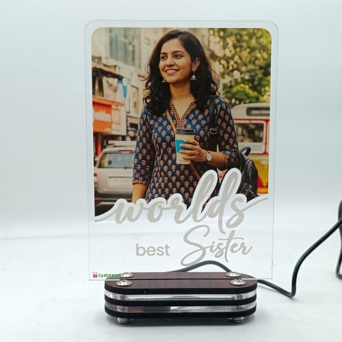 Image of lampees Personalized 3D Lamp World's Best Sister LED Glow Frame, Acrylic | Custom Photo & Text, Warm LED Glow, Wood & Acrylic Base, Desk Display, Rakshabandhan sister Brother