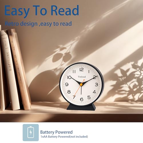 Image of Tinload 4.5 inch Battery Operated Retro Analog Alarm Clock, Small Silent Bedside Desk Clock,Lighted on Demand, Battery Operated, Snooze, for Living Room, Bedroom, Bedside, Desk(Black)