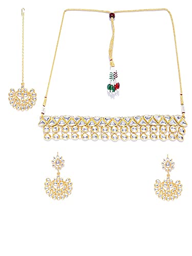 Image of Karatcart Gold Plated Pearl and Drop Kundan Studded Choker Necklace Setfor Women