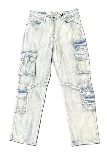 Rebal Cargo Jeans,Light Indigo, Relaxed Fit, 10 Pocket, Polyester Blend(642-642)