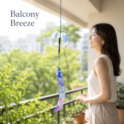 Image of Artibetter Japanese Glass Wind Chime Hanging Bell with Cherry Blossom Design | Handmade Furin Wind Bell for Home, Balcony, Garden, Patio, Window & Gift Decor (Blue)