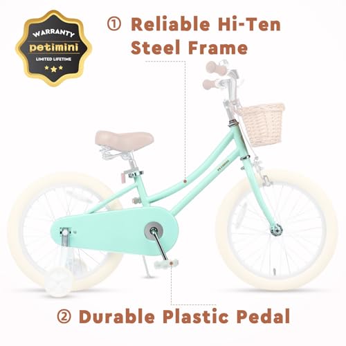 Image of Petimini Vintage Kids Bike for Girls, 12-20 Inch Classic Bicycle with Wicker Basket & Bell, High Tensile Steel Frame, Training Wheels (12-18 inch), 85% Pre-Assembled, Retro Bike for Outdoor Riding